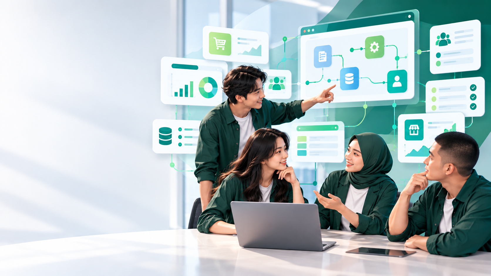 Business professionals using digital technology and AI to improve workflows