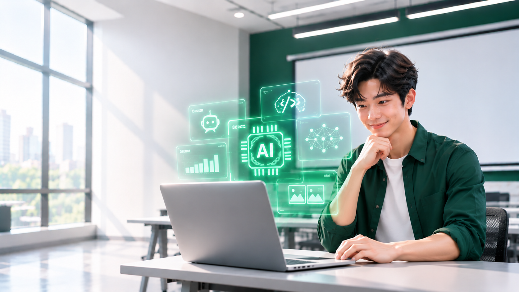 An AI engineering learner developing and evaluating an AI application in a modern workspace