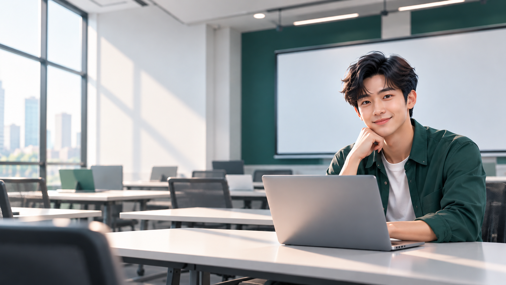 A young professional learning technology in a modern classroom